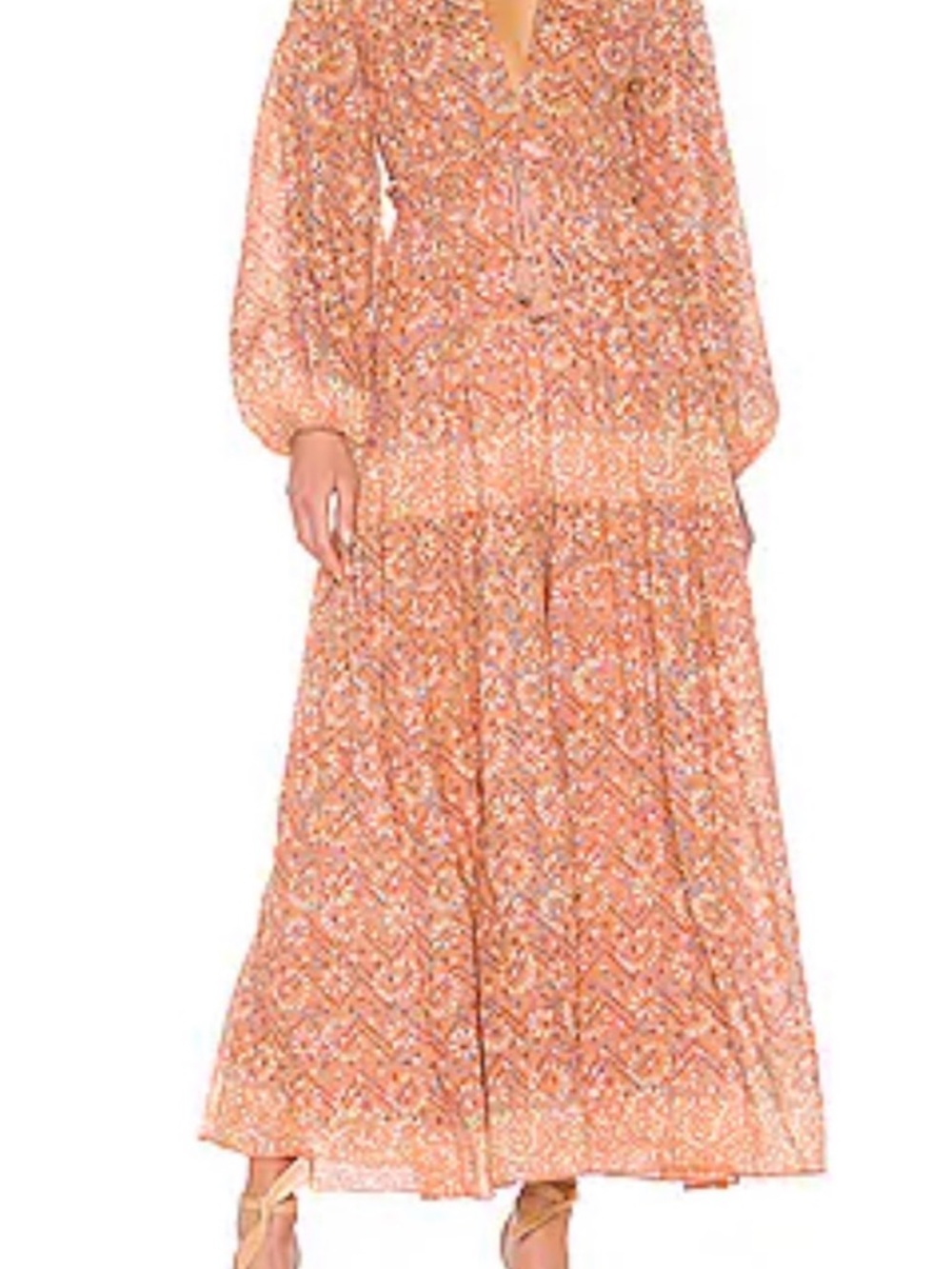 Ulla Johnson Peach-Beige Floral V-Neck Maxi Dress